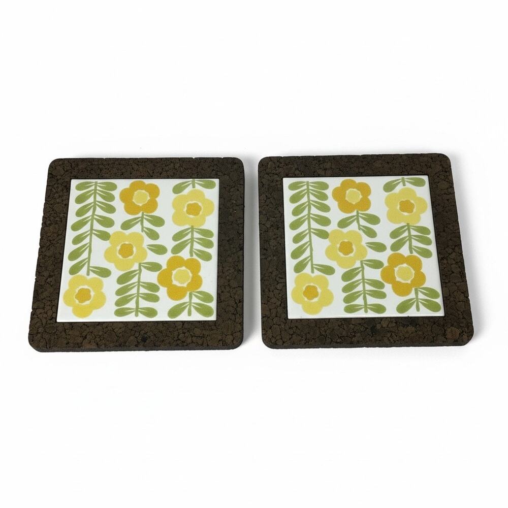 Vintage 1970s Cork Tile Trivets Set of 2 Yellow Green Floral Retro Kitchen